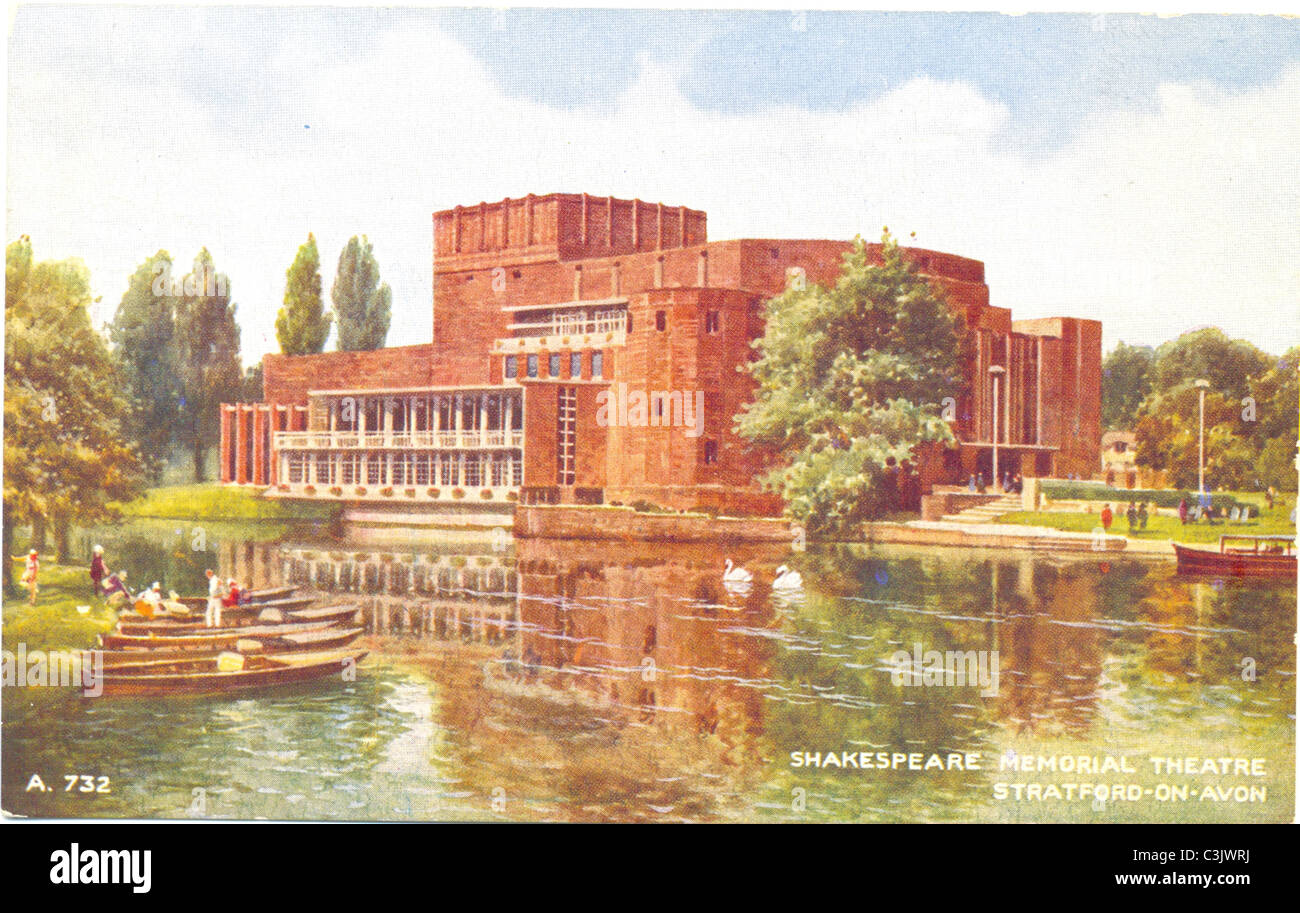 Carte postale de la Memorial Theater Shakespeare récemment construit Banque D'Images