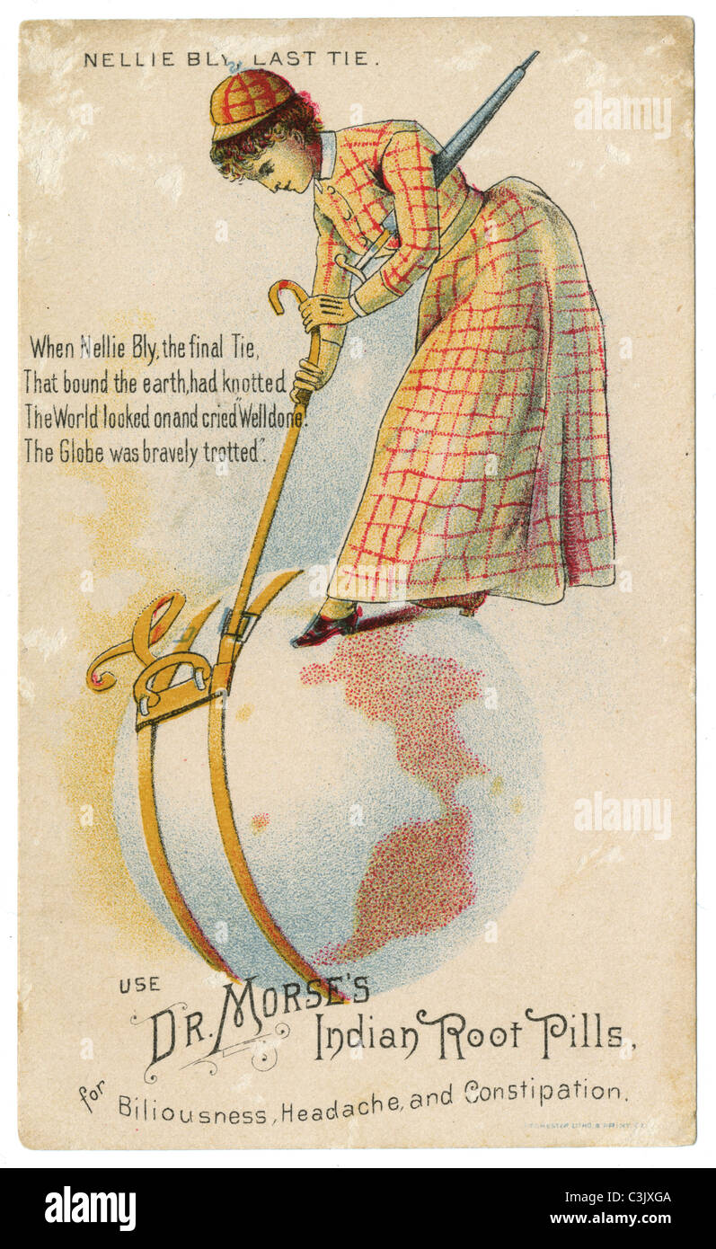 Vers 1890 Victorian trade card de Nellie Bly. La publicité pour le Dr Morse comprimés racine indienne. Banque D'Images