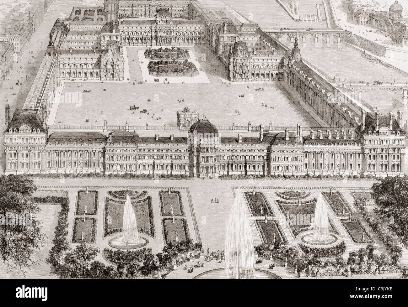 Vue du nouveau jardins du palais des Tuileries et le nouveau et le vieux Louvre, Paris, France, au 19e siècle. Banque D'Images