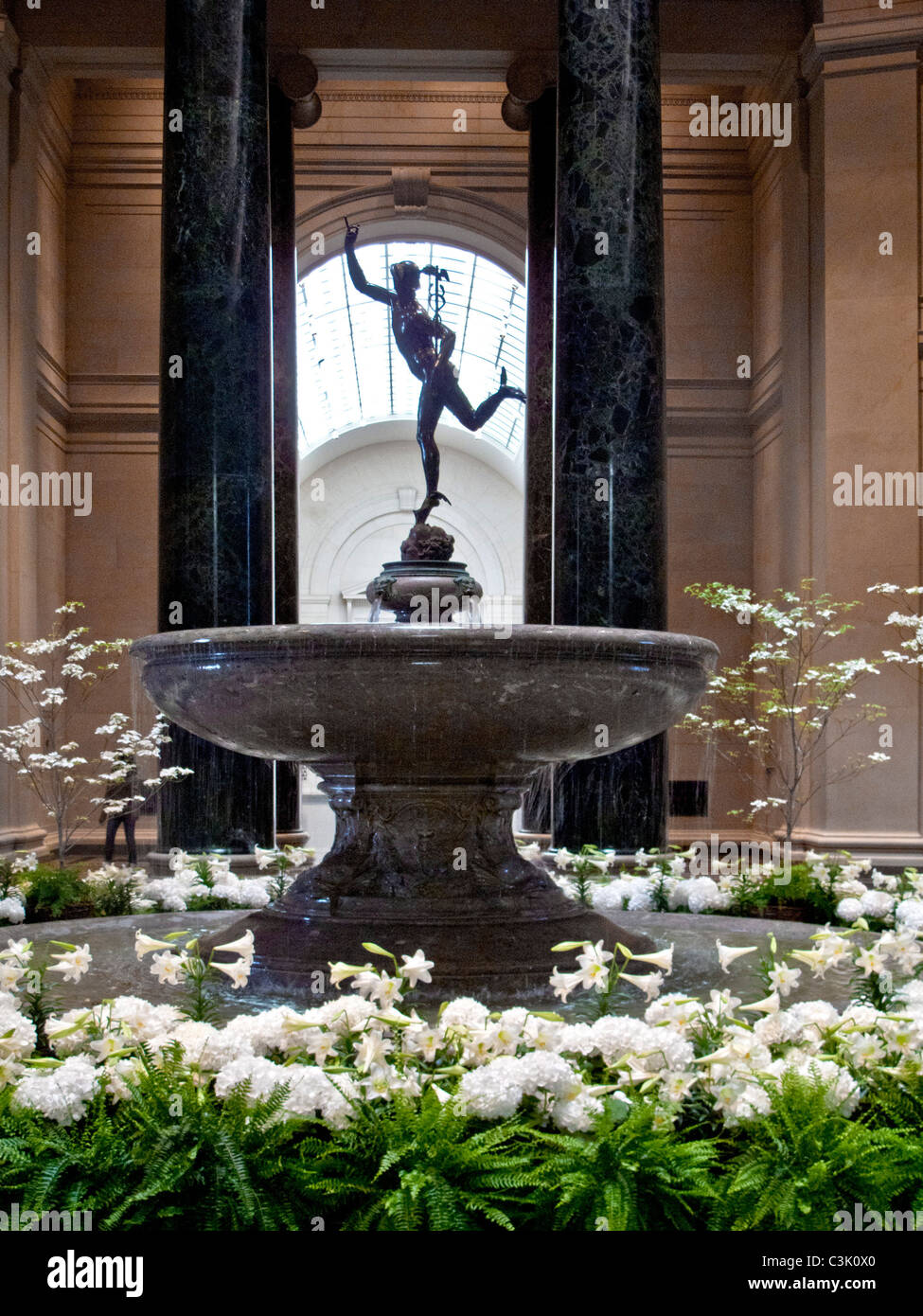 Hortensias blancs et de cornouiller en fleurs décorent le bâtiment Ouest rotonde de la National Gallery de Washington, DC à Pâques. Banque D'Images