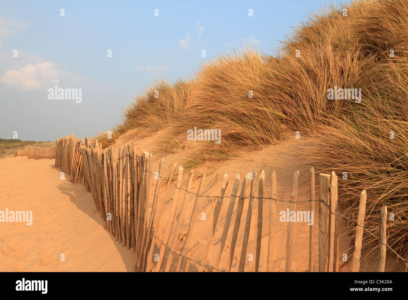 Dunes de sable et l'escrime Formby Point près de Southport, Merseyside, Lancashire, England, UK. Banque D'Images