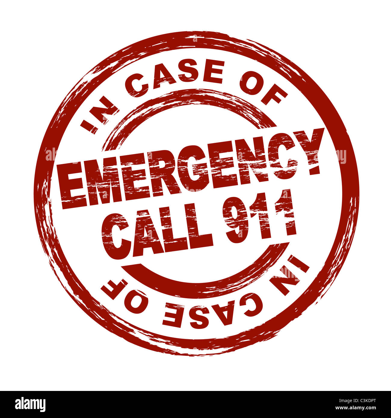 Timbre rouge stylisé montrant l'appel d'urgence 911 à long terme. Le tout sur fond blanc. Banque D'Images