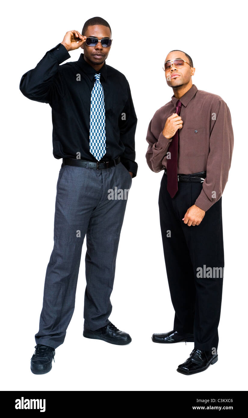Deux hommes d'posing together isolated over white Banque D'Images