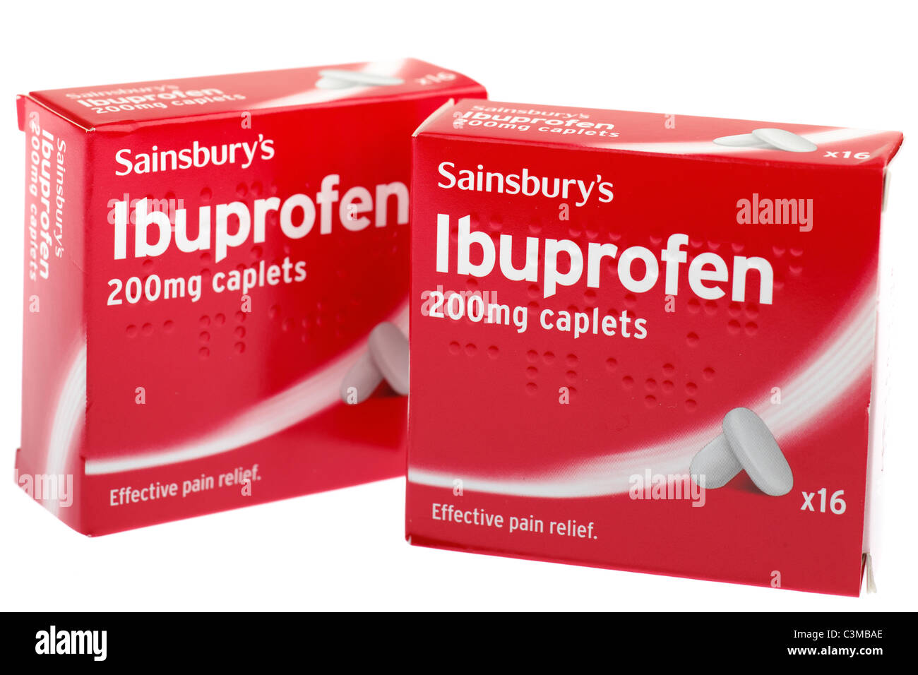 Deux paquets de 16 ibuprofène 200mg Caplets Sainsburys Banque D'Images