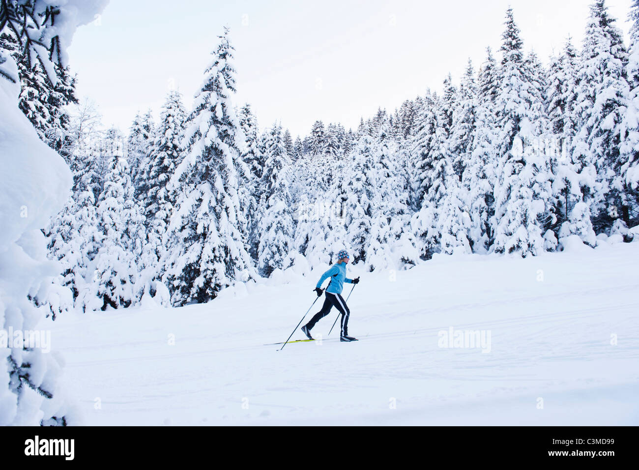 L'Allemagne, la Bavière, la vallée de l'Isar, Senior woman doing ski Banque D'Images
