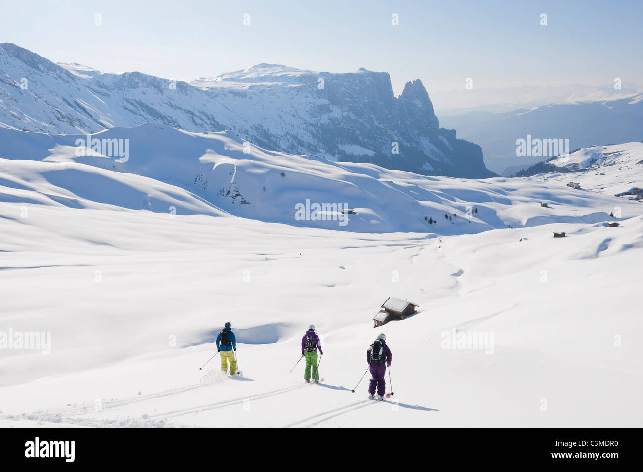 L'Italie, Trentin-Haut-Adige, Alto Adige, Bolzano, Alpe di Siusi, groupe de personnes ski on snowy landscape Banque D'Images