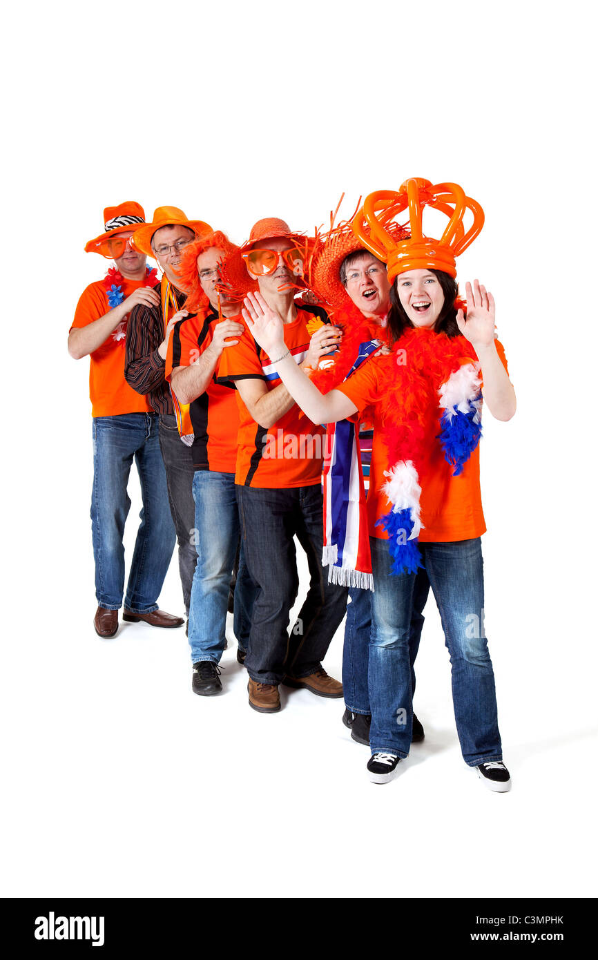 Groupe de fans de football néerlandais orange sur fond blanc Banque D'Images