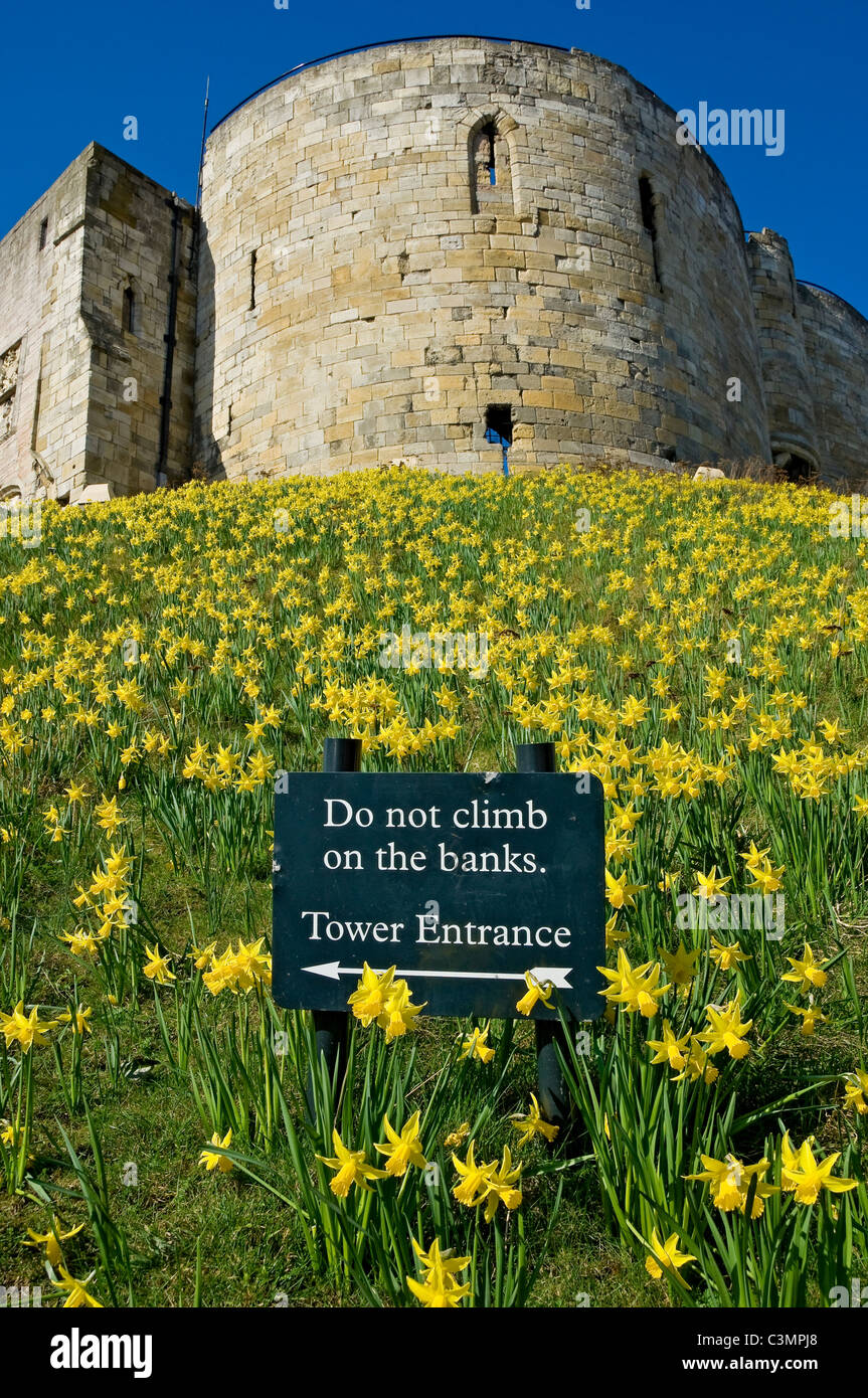 Cliffords Tower à Spring York gros plan de Do Not Montez sur le panneau Banks North Yorkshire Royaume-Uni GB Grande-Bretagne Banque D'Images