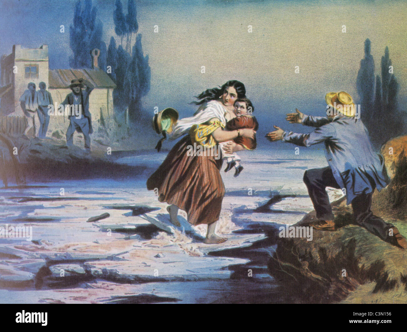 Lithographie de l'Oncle Tom montrant Eliza et son bébé en marche pour la liberté de l'autre côté de la rivière Ohio congelé Banque D'Images