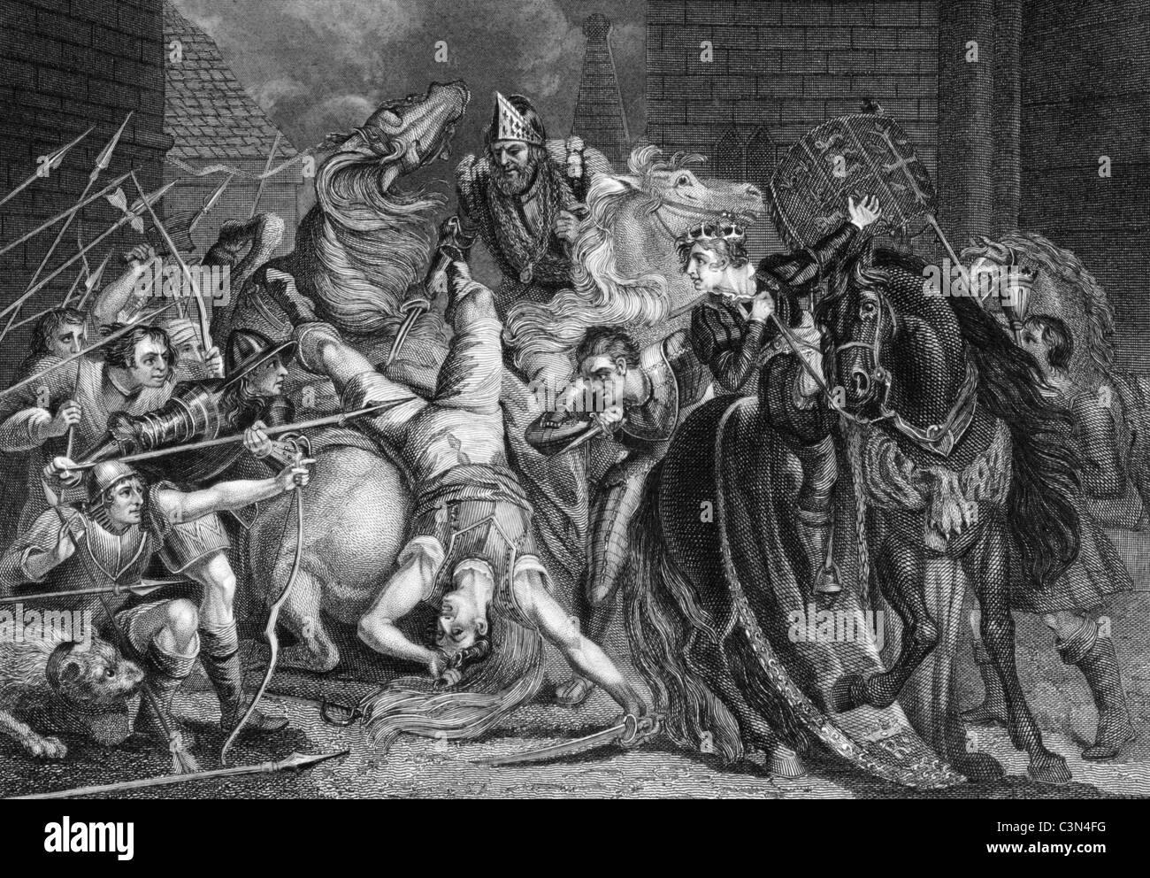 William Walworth Lord Maire de Londres tuant Wat Tyler dans Smithfiled en 1381 gravure sur des années 1800. Banque D'Images