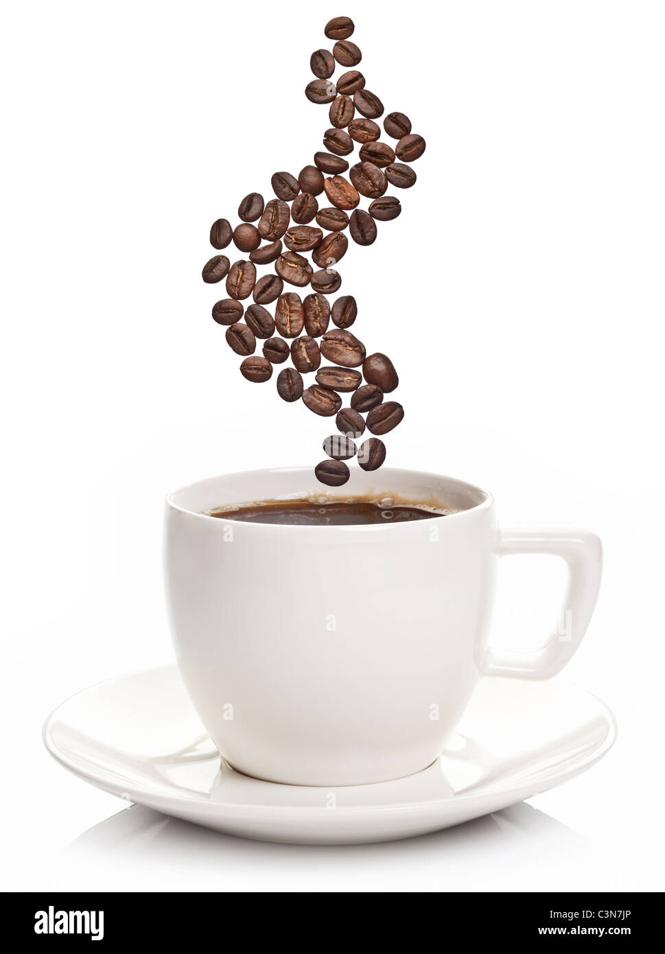 Tasse de café avec de la vapeur sous la forme de grains de café Banque D'Images