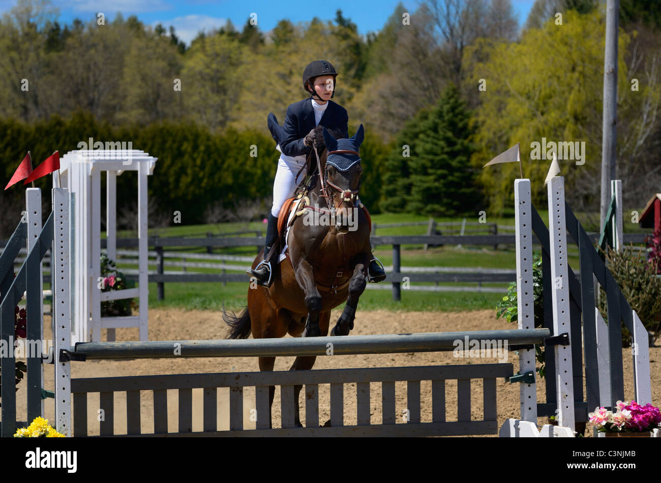 Adolescente partir son cheval sur un saut à un concours extérieur spectacle équestre Banque D'Images