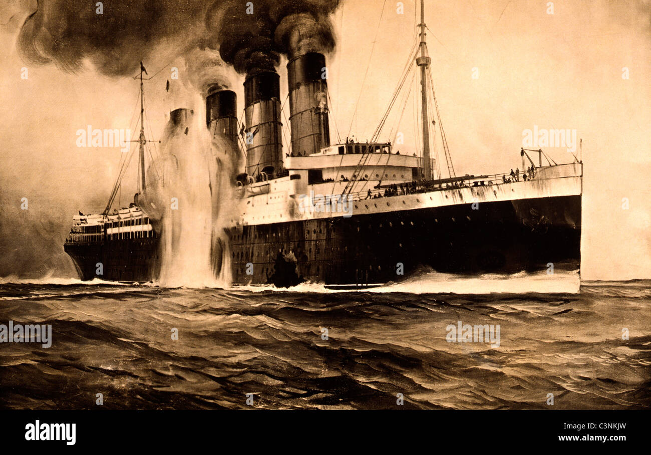 Dimensions de RMS Lusitania comme une torpille frappe la coque, le 7 mai 1915 Banque D'Images