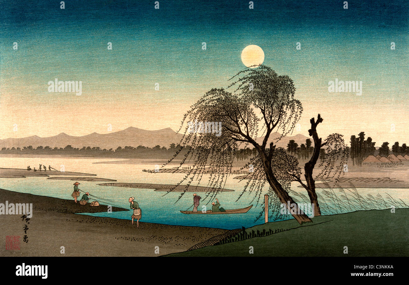 Gravure sur bois japonaise montre une scène de lune le long d'une rivière avec les pêcheurs, dans des bateaux, et marcher le long de la côte, vers 1850 Banque D'Images