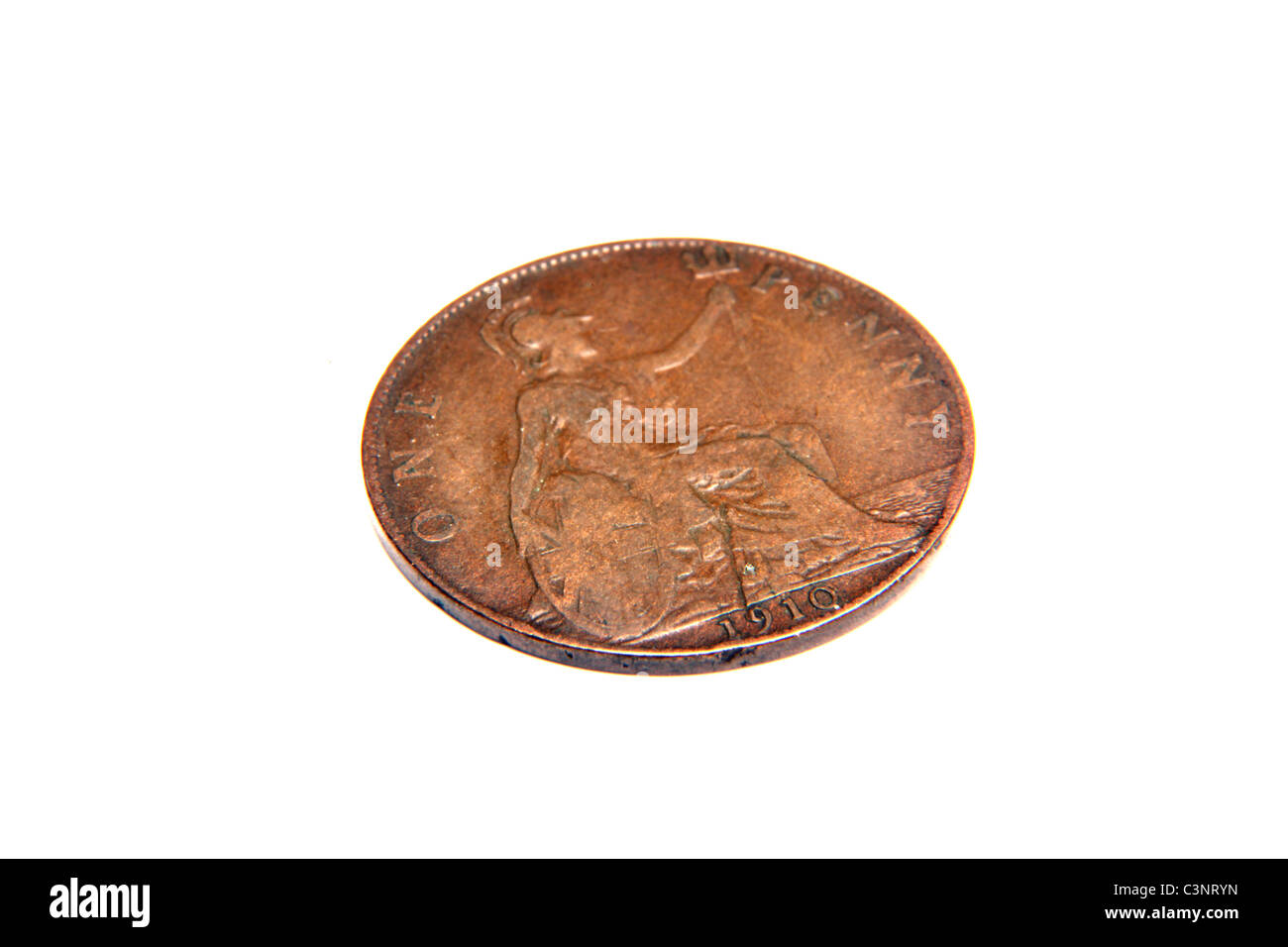 Un vieux 1910 penny britannique ou pièce 1d, cut out. Banque D'Images