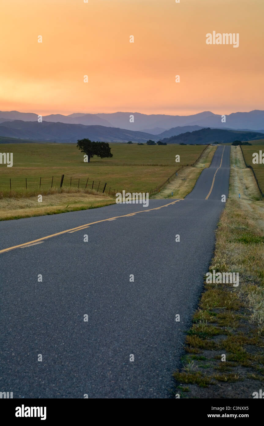 Lever du soleil d'or lumière sur longue ligne droite deux lane country road et collines au printemps, Santa Ynez Valley, Californie Banque D'Images