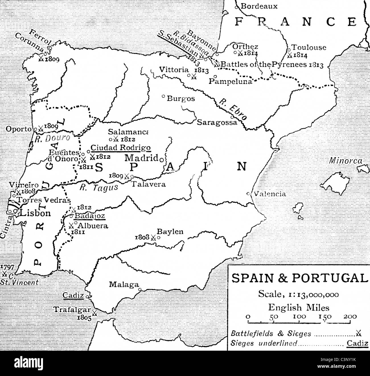 Carte de l'Espagne et du Portugal au moment de la guerre d'Espagne. À partir de l'histoire de l'Angleterre, publié en 1930. Banque D'Images