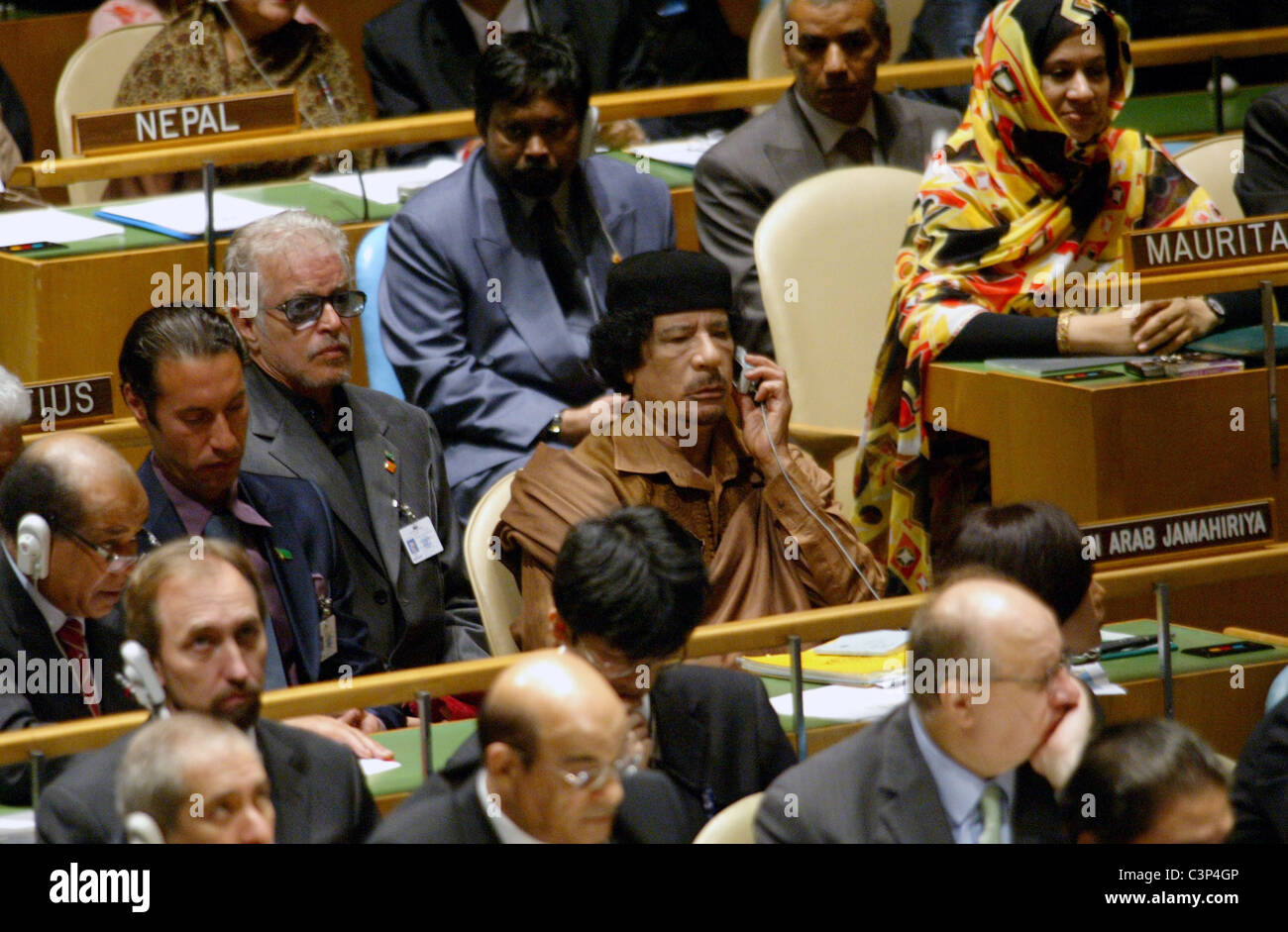 Le leader libyen le Colonel Kadhafi assiste à la 64e Assemblée générale au Siège des Nations Unies le 23 septembre 2009 à New Banque D'Images