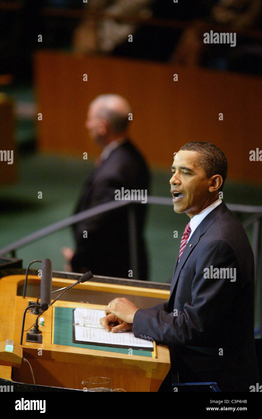 Le président américain Barack Obama livre son premier discours à l'Assemblée générale des Nations Unies au siège de l'ONU, le 23 septembre Banque D'Images