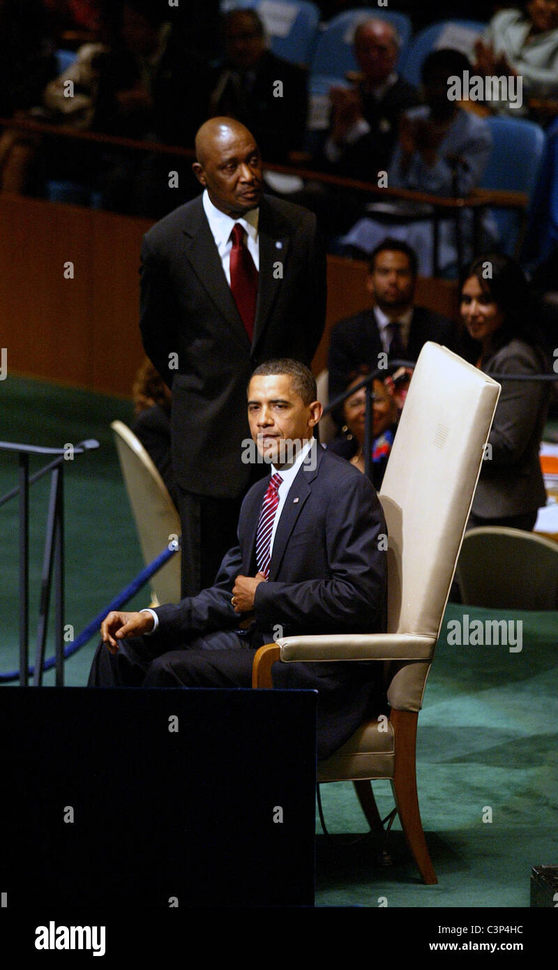 Le président américain Barack Obama livre son premier discours à l'Assemblée générale des Nations Unies au siège de l'ONU, le 23 septembre Banque D'Images