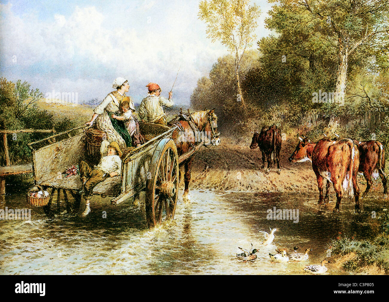 De retour de marché, d'une aquarelle de l'époque victorienne scène rurale comme un panier traverse un gué sur la rivière Banque D'Images
