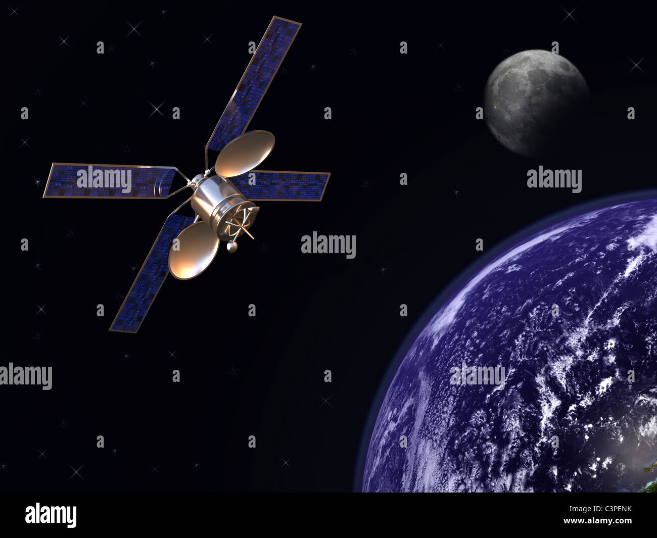 Satellite de communication en orbite terrestre avec lune en arrière-plan Banque D'Images