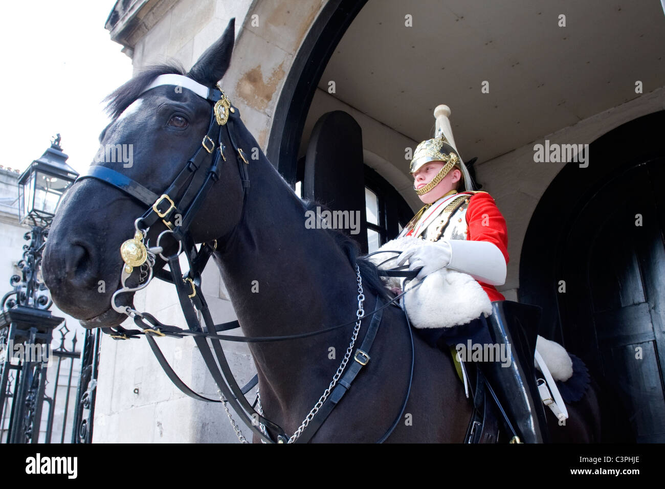 , Londres , Westminster Whitehall Horse Guards , monté soldat de cavalerie de famille Life Guards on horse Banque D'Images