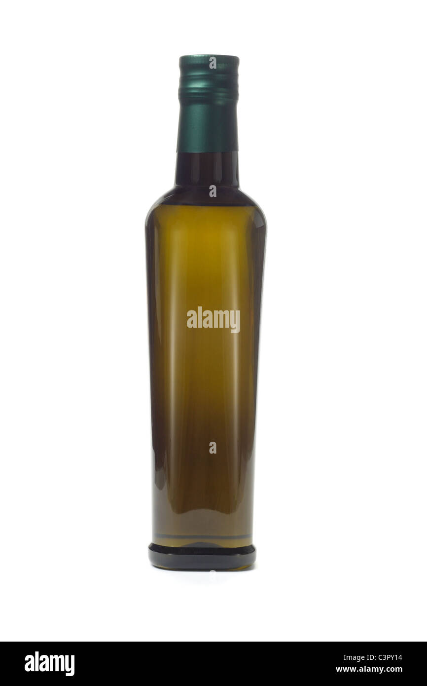 Bouteille d'huile d'olive vierge sur fond blanc Banque D'Images