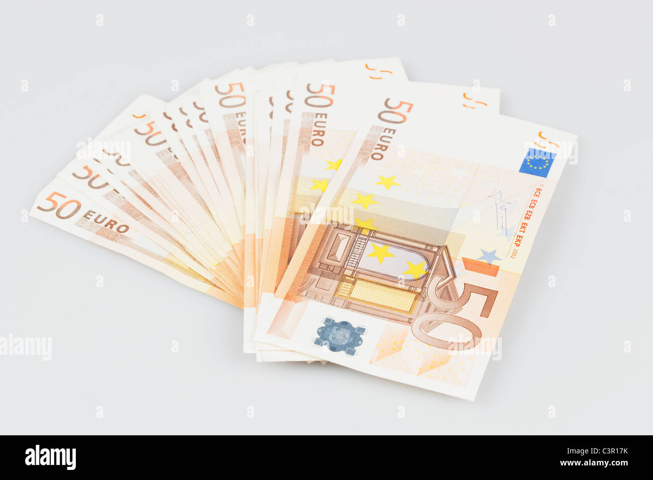 50 Euro notes on white background, Close up Banque D'Images