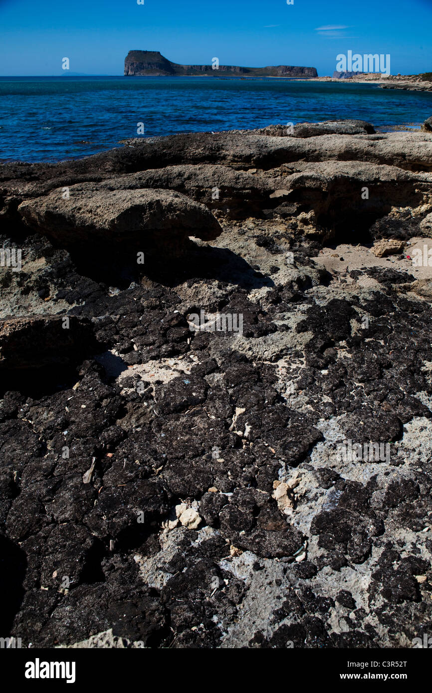 Les archives d'huile sur la plage de Balos, sur la péninsule de Gramvousa, dans le nord-ouest de Crète, Grèce. Banque D'Images