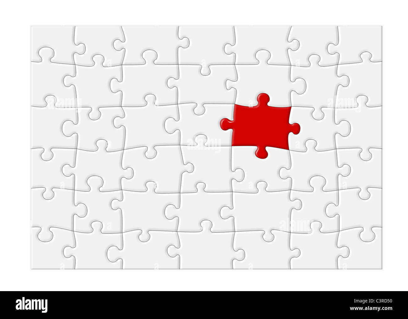 Puzzle vierge avec une pièce rouge qui se démarque des autres. Banque D'Images