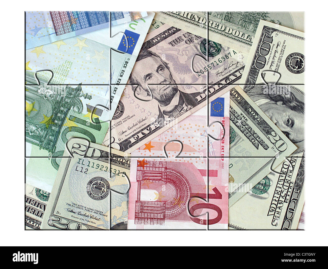 Puzzle de l'argent (euro, USD) sur fond blanc Banque D'Images