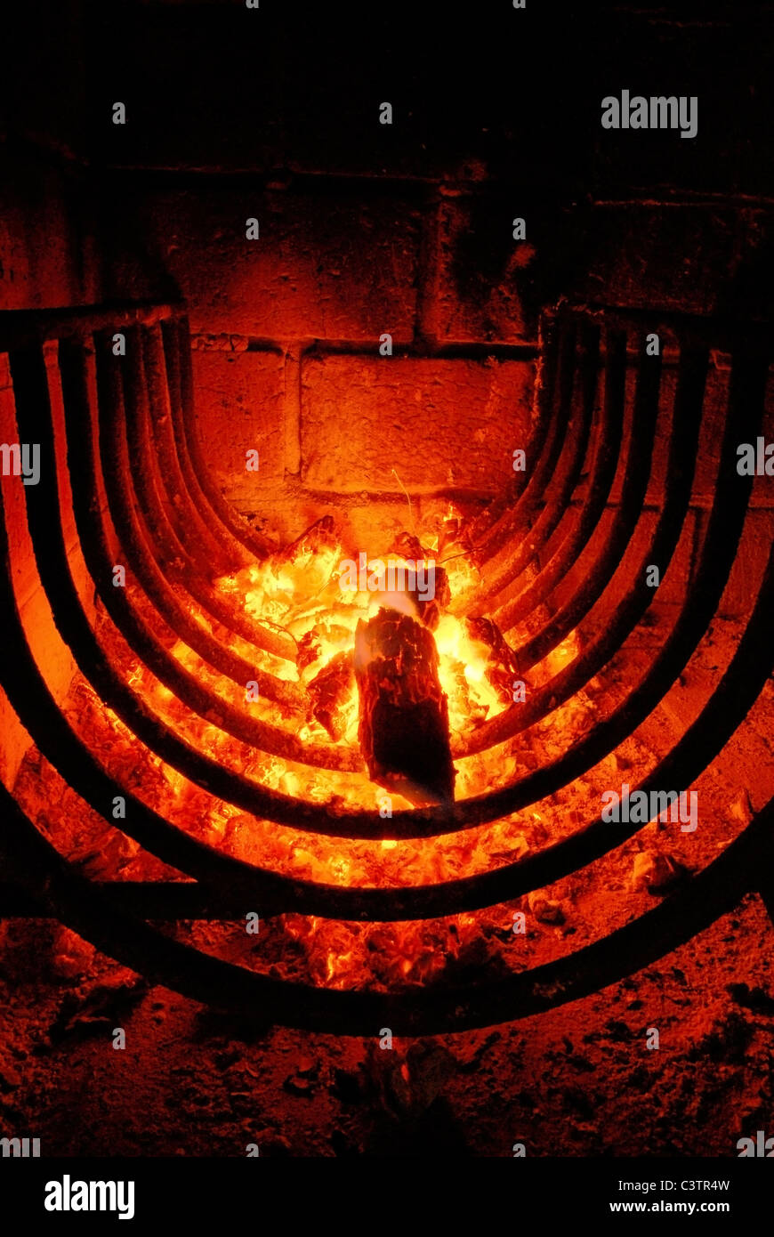 Le feu et les braises d'un barbecue à l'intérieur d'un four en brique Banque D'Images