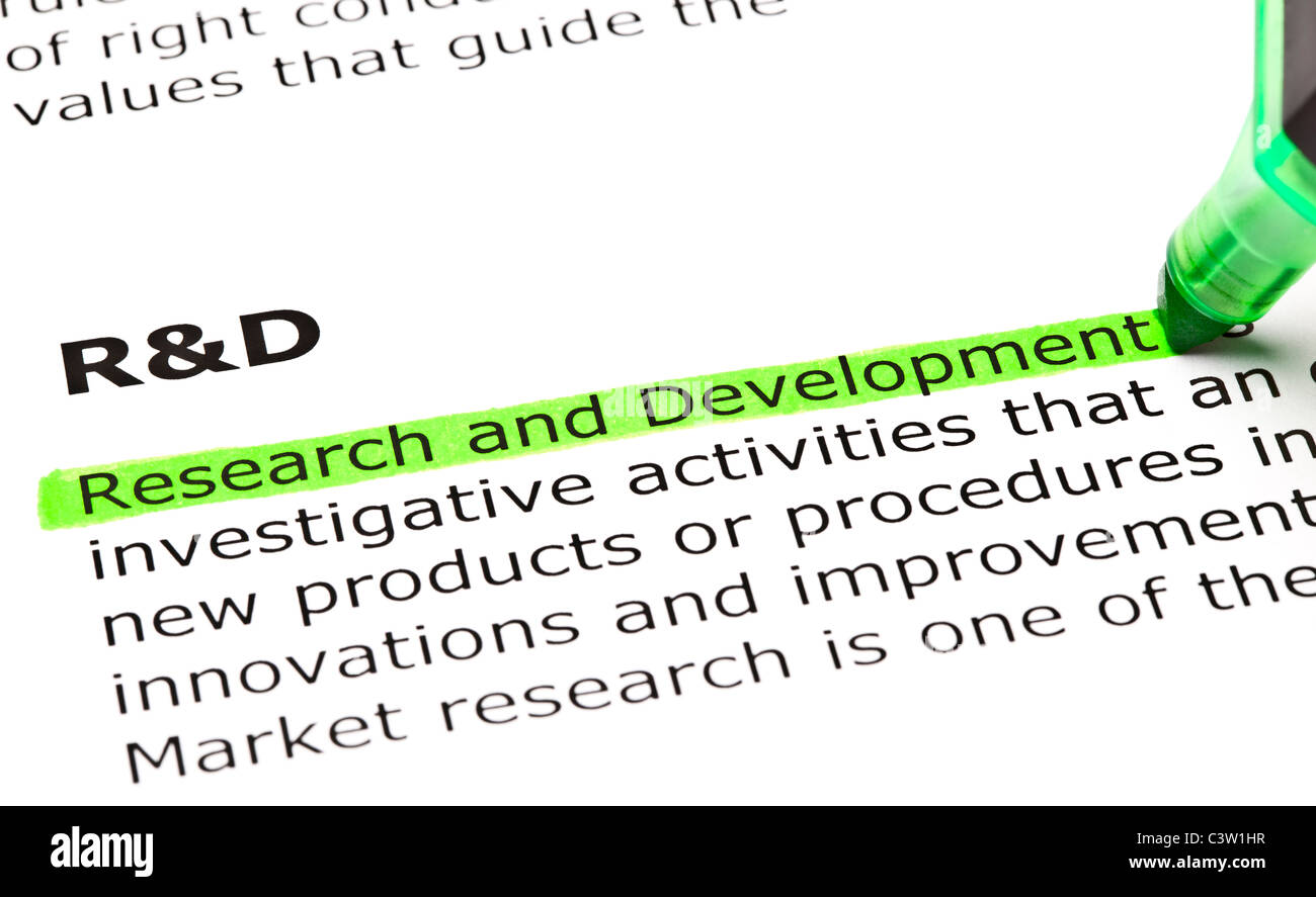 "Recherche et développement" en surbrillance en vert, sous la rubrique 'R&D' Banque D'Images