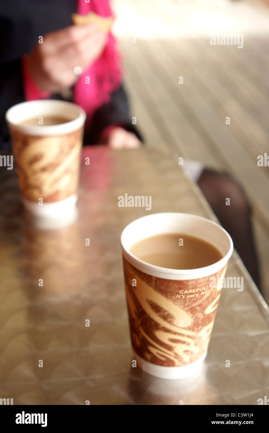 Bénéficiant d''une tasse de thé chaud dans une tasse à emporter à l'extérieur sur une journée froide Banque D'Images