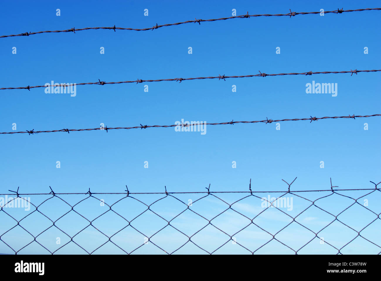 Couper le fil clôture avec fond de ciel bleu clair. Banque D'Images