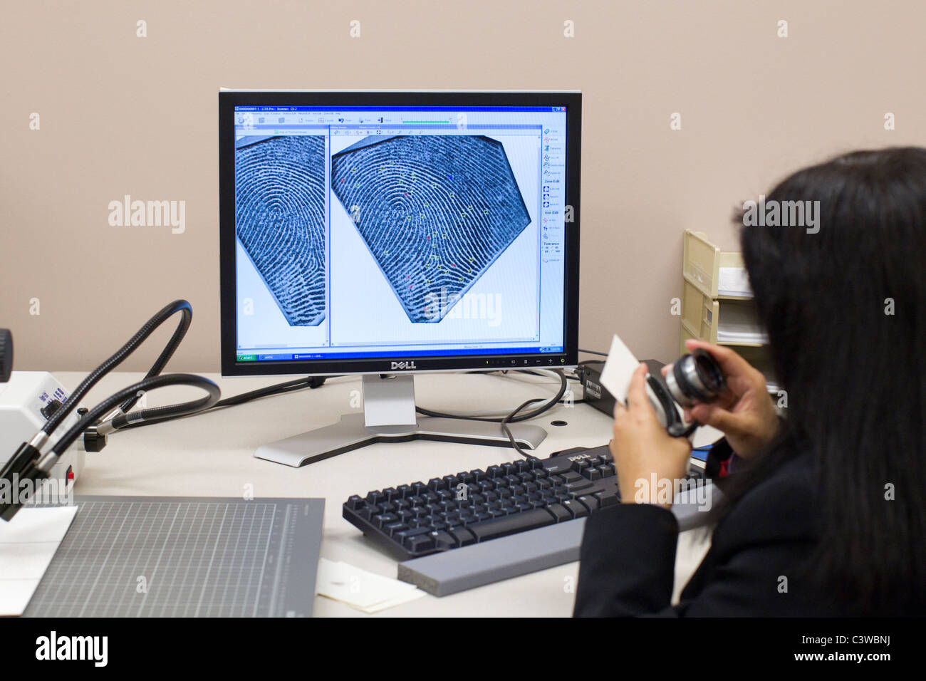 Un Ministère de la Sécurité publique du Texas (DPS) employé compare les empreintes digitales à partir d'une base de données nationale de droit pénal de traces Banque D'Images