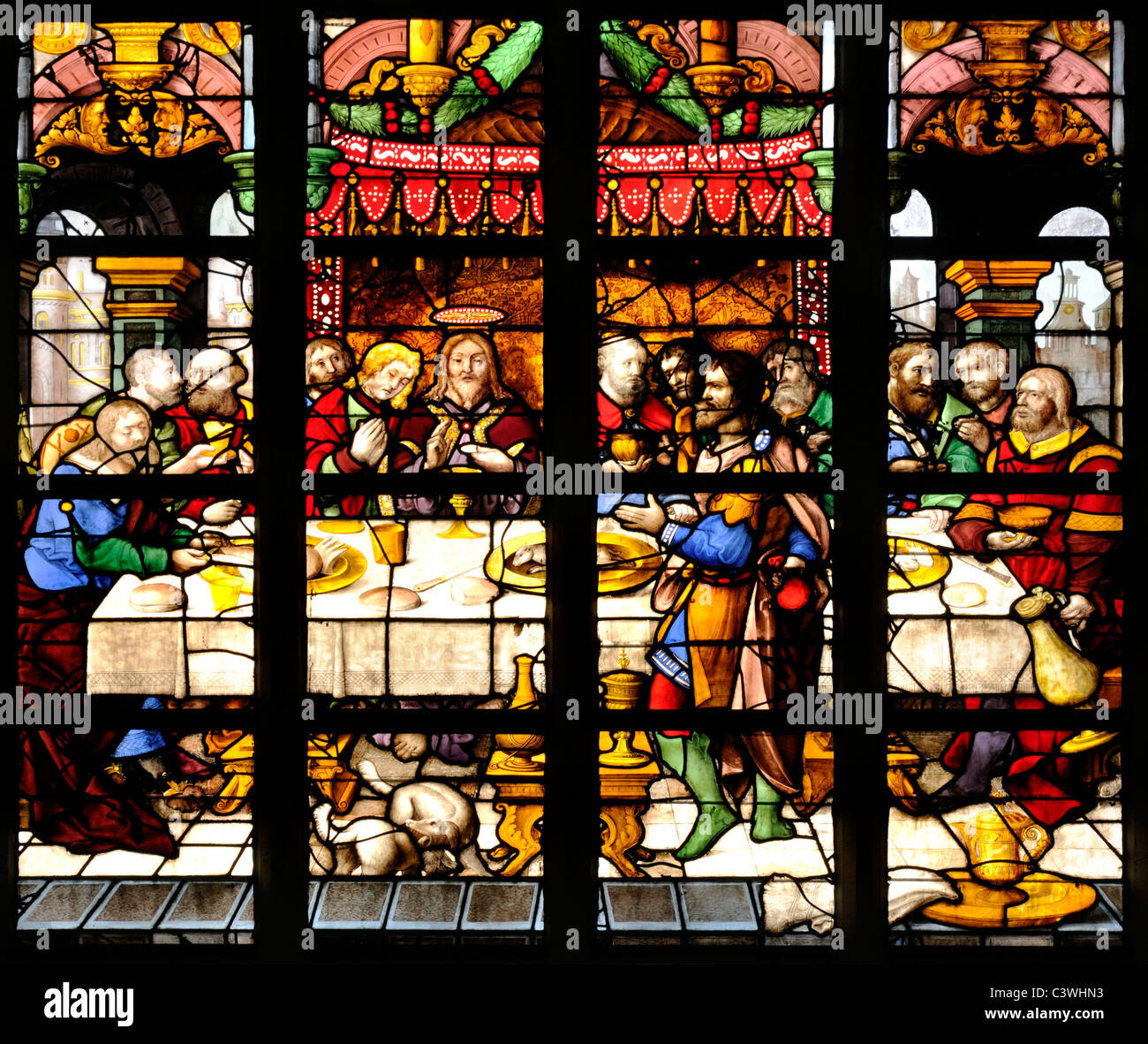 Anvers / Antwerpen, Belgique. Sint Jakobskerk (1491-1656) ; de l'Église vitrail : la Dernière Cène Banque D'Images