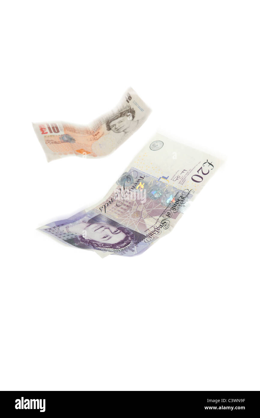 Flottant au-dessus de l'argent, £20 et £10 Stirling notes Banque D'Images
