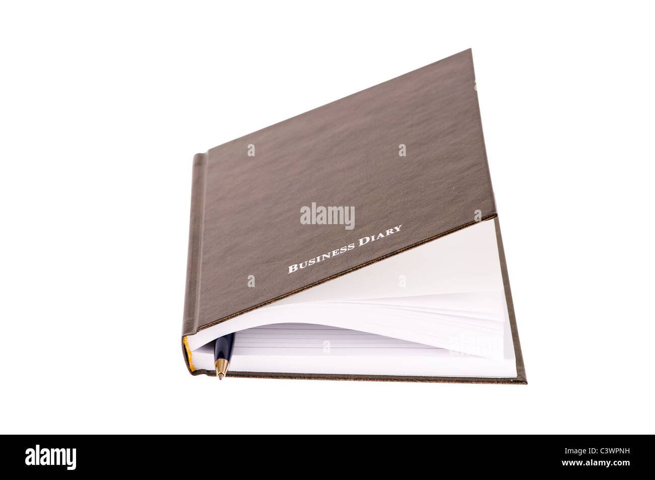 Journal de l'entreprise brun avec stylo isolé sur fond blanc Banque D'Images