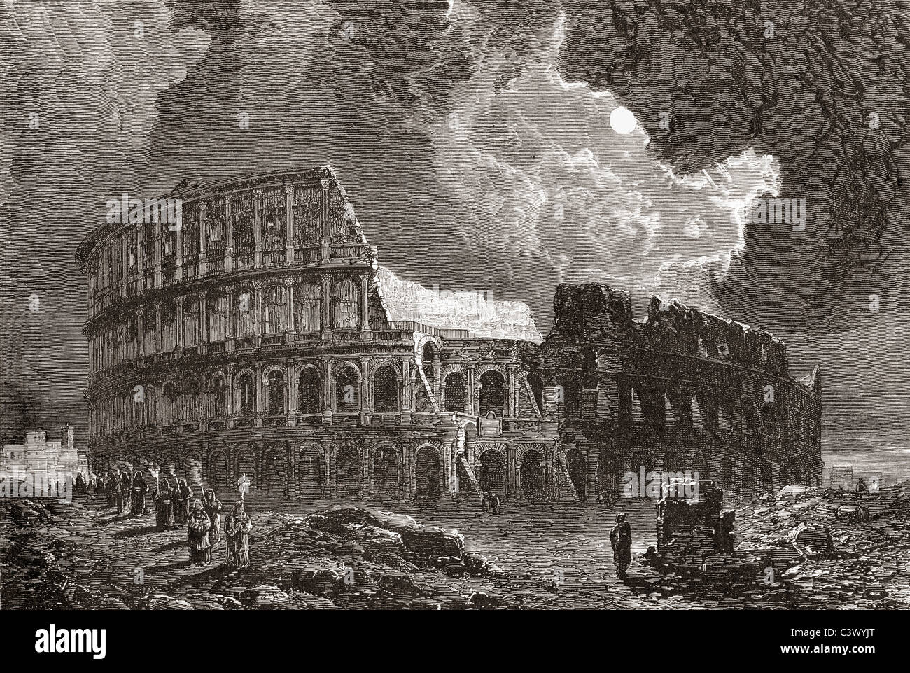 Le Colisée, Rome, Italie par clair de lune, à la fin du xixe siècle. Banque D'Images