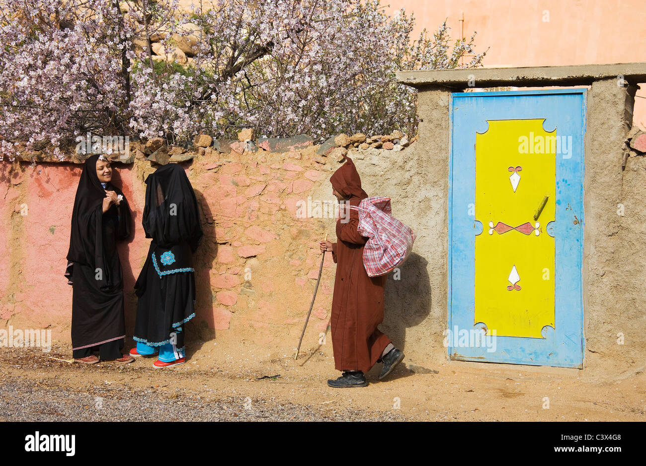 Chat femmes berbères et Berbères en passant par l'homme dans un village près de la ville de Tafraoute dans la vallée d'Ammelne, Maroc Banque D'Images