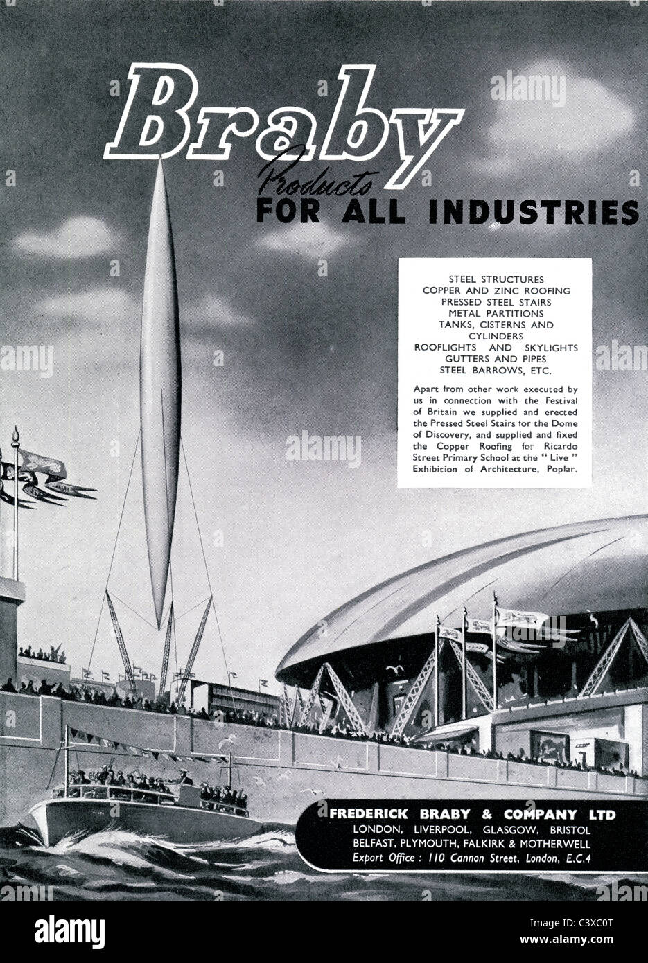 Publicité pour les fournisseurs d'acier, Frederick Braby & Company Ltd, de la Festival de Grande-Bretagne guide, publié par HMSO Banque D'Images