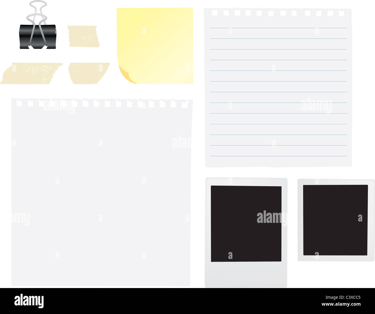 Notes, ruban, papier ordinaire et notes pour l'scrpbook ou sketchbook en tant que vecteurs Banque D'Images