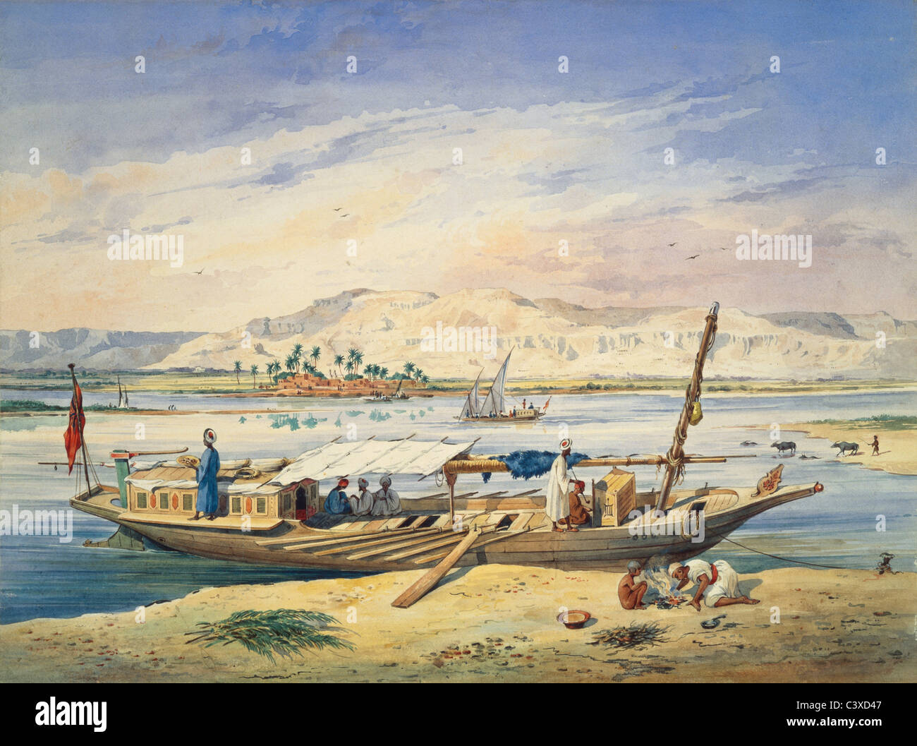 Kanja sur le Nil à Louxor, par Achille-Constant-Theodore Emile Prisse d'Avennes. L'Egypte, 19e siècle Banque D'Images
