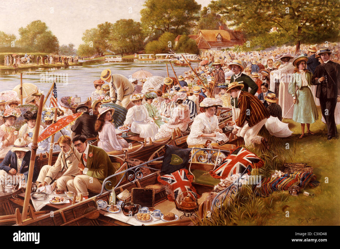 L'heure du thé au Cambridge Mays, par Percy Robert Craft. Cheltenham, Angleterre, début du 20e siècle Banque D'Images