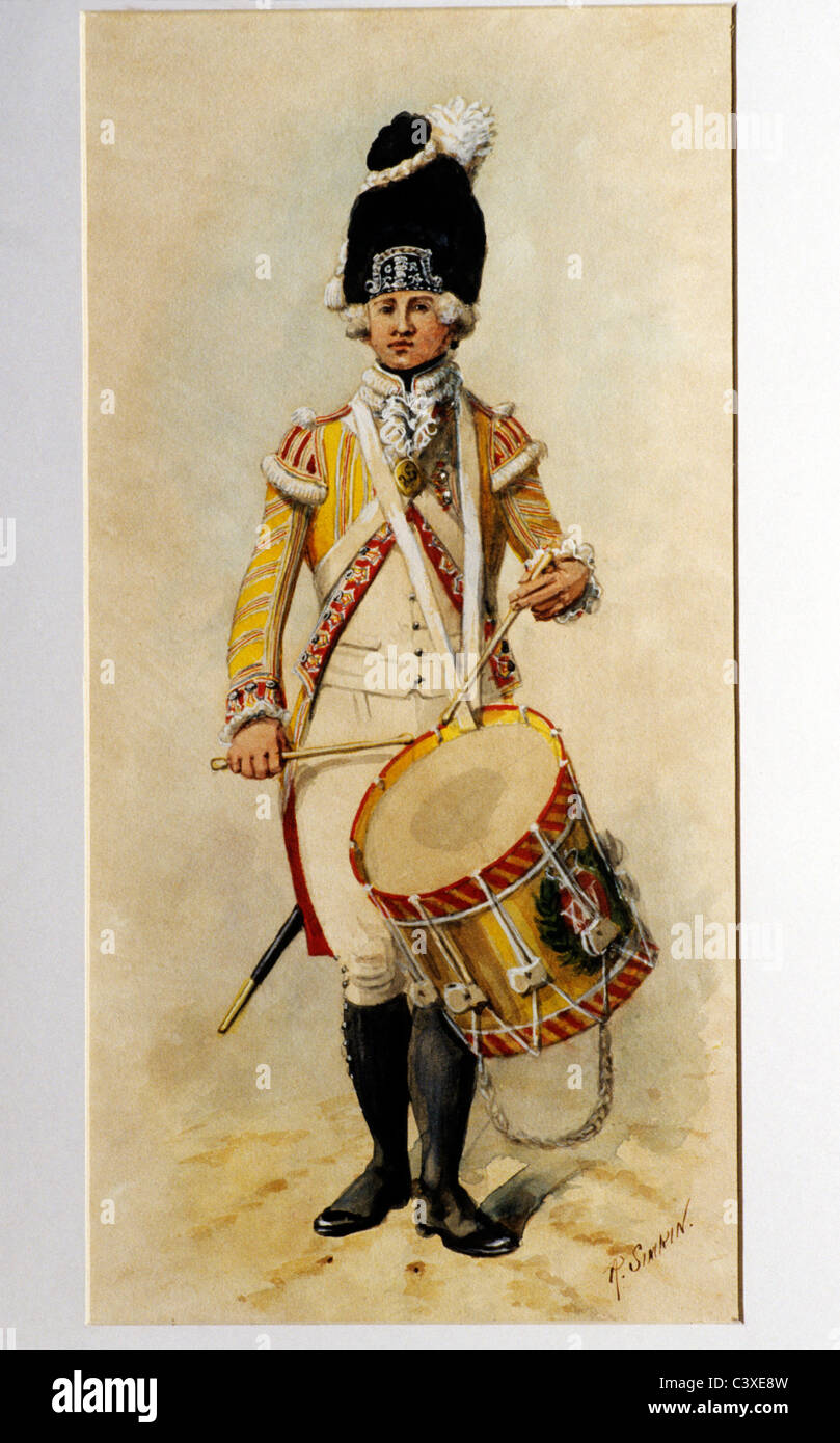 Berwick, Northumberland, batteur, 1792 King's Own Borderers Regiment, 'Le Kosbies' costume régimentaire uniforme uniforme UK Banque D'Images