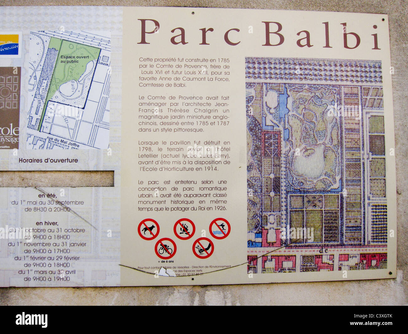 Versailles, France, détail, scènes de parc urbain, Parc Balbi,Panneau et carte Banque D'Images