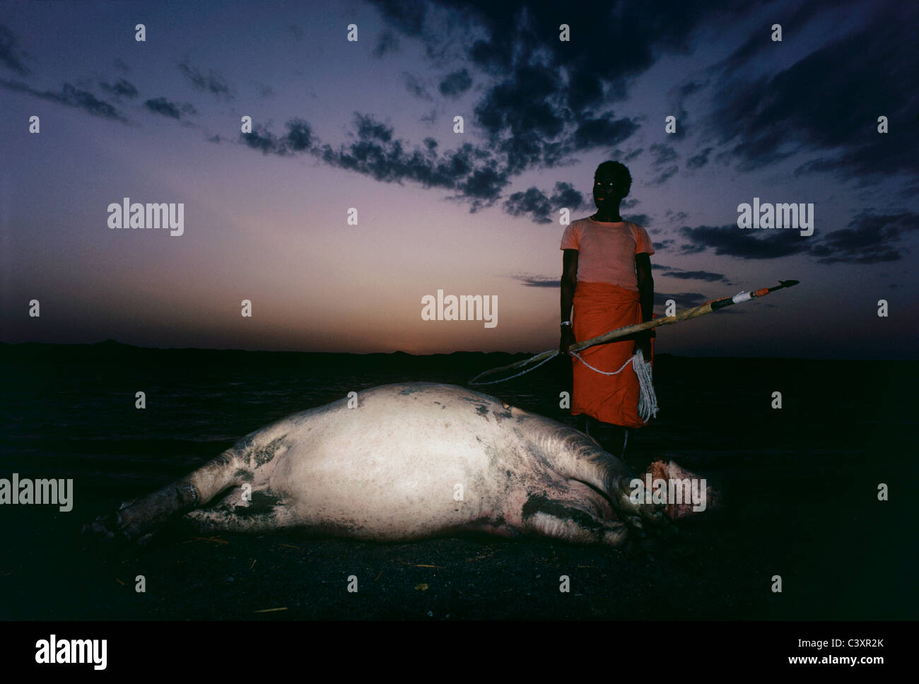 El Molo guerrier avec l'aide de chasse d'hippopotame morts de lances et de pôle des cordes. - Le lac Turkana au Kenya. Banque D'Images