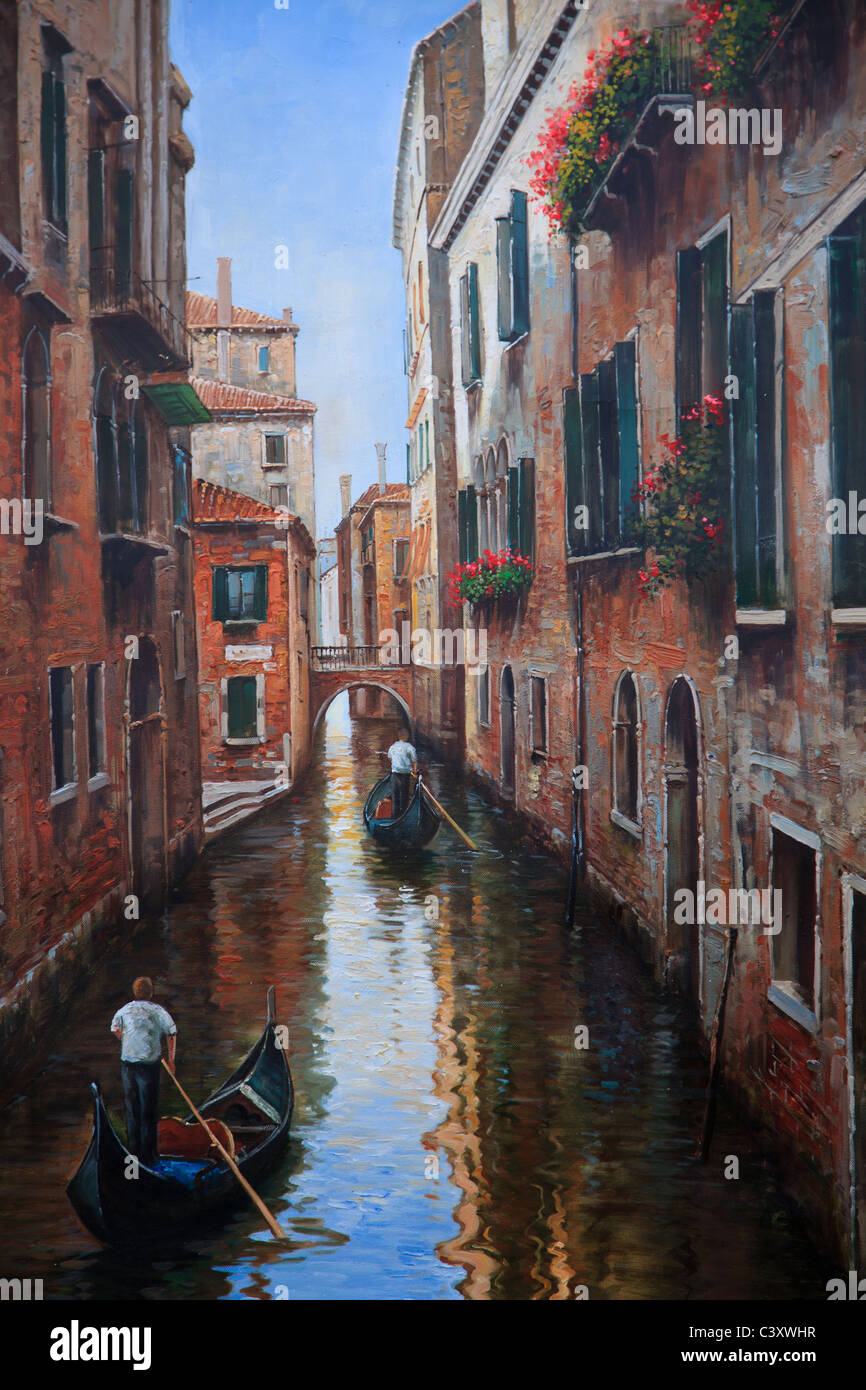 Une photo d'une peinture de couleur avec des gondoles sur un canal à Venise, Vénétie, Italie Banque D'Images